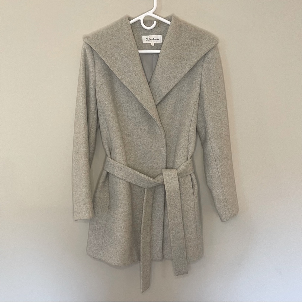 Calvin Klein - Women's Wool Blend Belted Gray Wrap Coat - size 6